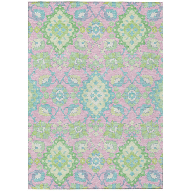 Tapis oriental lavable intérieur rose vert et bleu 8 pi x 10 pi