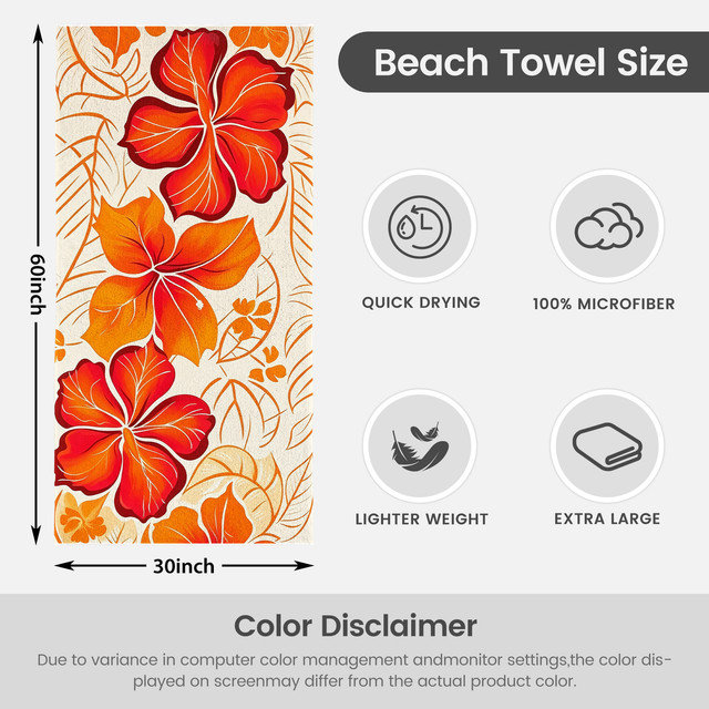  Serviette de plage légère en microfibre, absorbante sans décoloration, 30 po x 60 po, imprimé hibiscus tropical