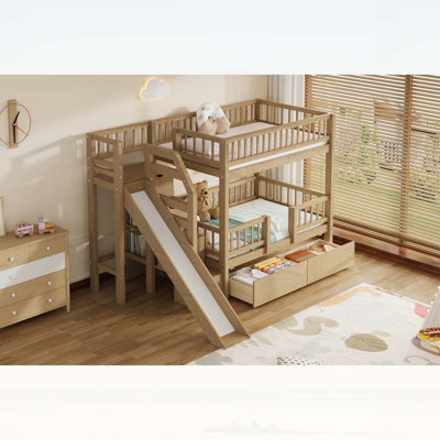 Lit superposé simple au-dessus de simple avec escalier de rangement, glissière et tiroirs, finition noyer pour un gain de place et de plaisir