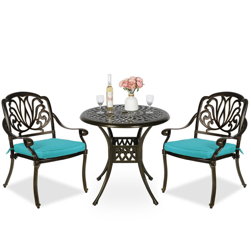 2 - Person Patio Dining Set with Round Table , Cushions Included, Ocean Blue