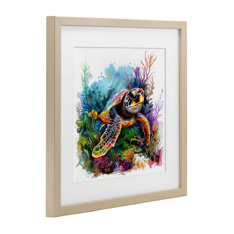 Tortue de mer et récif de corail vif, impression encadrée sous verre, design par LSR Design Studio, H 13 po x l 13 po