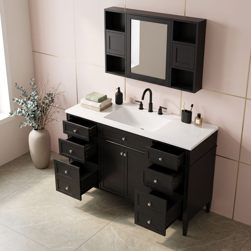 Meuble-lavabo 48 po avec comptoir intégré, 6 tiroirs et 2 portes à fermeture en douceur, Black