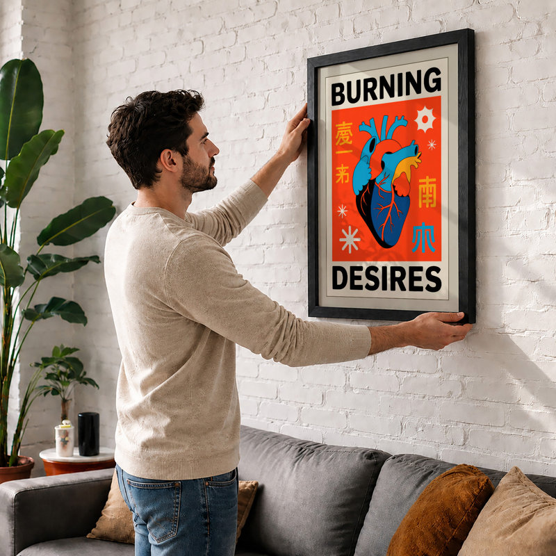 Burning Desires Retro - Framed Print, A4 - 29.7 x 21.0 cm, Walnut