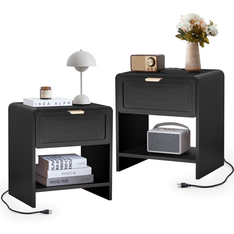 End Table Set With Charging Station, Black