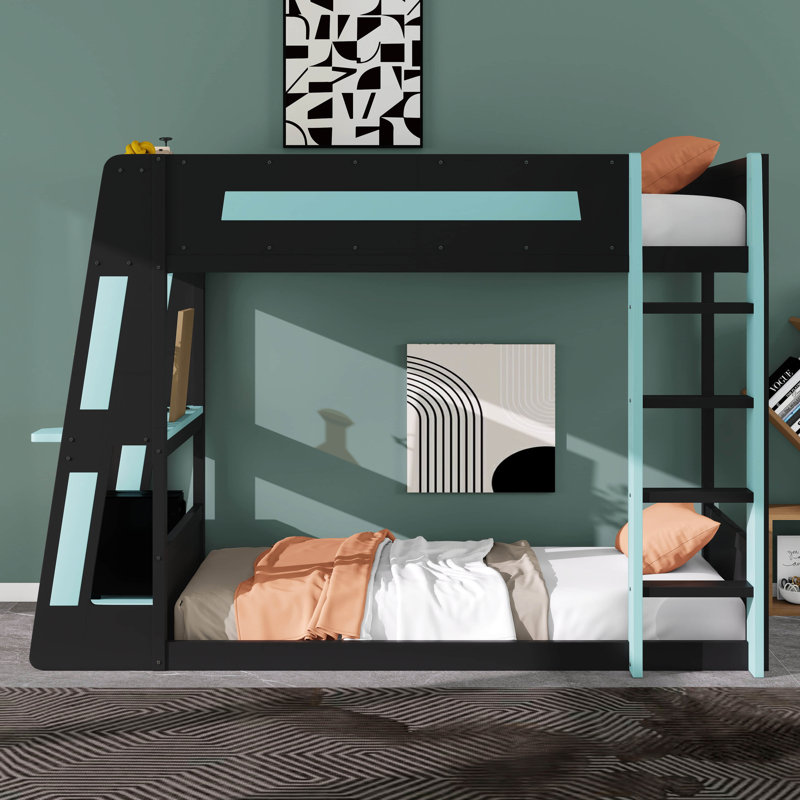 Lit superposé en bois avec bureau, deux tablettes de rangement, USB et lumière DEL, Simple, Noir / Bleu