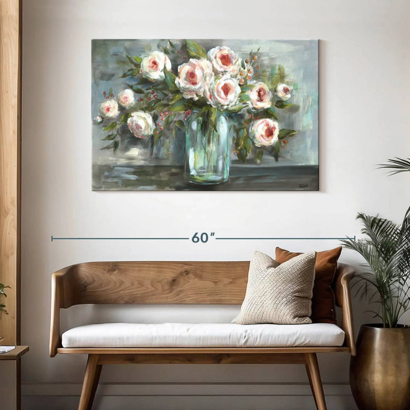 Harnek, fleurs roses, nature morte, paysage, H 30 po x l 45 po