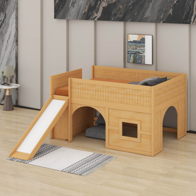 Full Size Wooden Low Loft Bed With Storage Shelves And Slide,Door And Window, Multiple Functions Wooden Low Loft, Natural