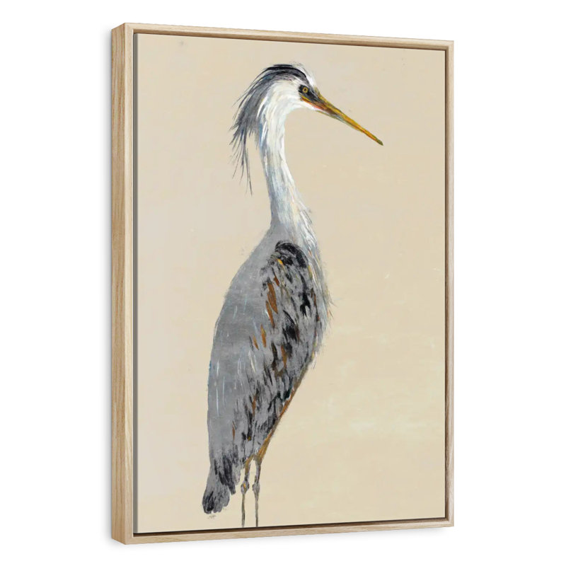 Heron On Tan I, Floating Frame Natural Wood, 27" x 40"