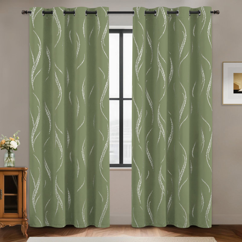 100% Blackout Thermal Insulated Curtains - Wave Line with Dots Silver Print, Grommet Top, 2 Panels, 52" W x 96" H, Sage