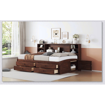 Captain Bed With Built-In Storage Shelves Full Size Wooden Captain Bed with Built-in Storage Shelves, 4 Drawers and 2 Cabinets