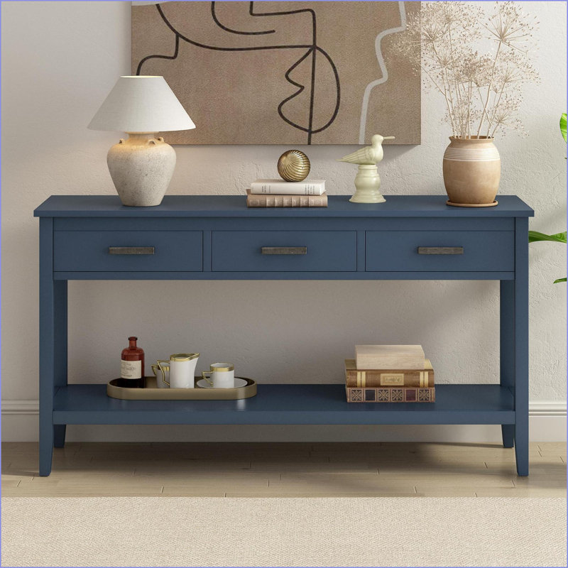 Table basse 62,2 po en U style pin - facile à nettoyer, 3 tiroirs + tablette ouverte pour le salon / vestibule