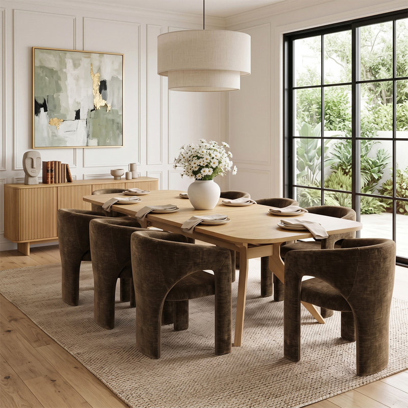 Ensemble de table de salle à manger extensible en placage de bois de 78" à 96" avec 8 fauteuils sculpturaux en chenille