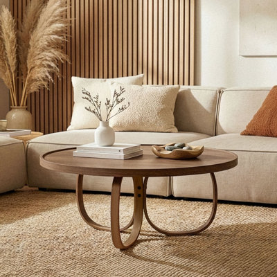 Table basse élégante, 39,4 po de diamètre x 18,1 po de hauteur | 100% bois massif, finition noyer | Design moderne pour le salon, durable et élégant | Pièce maîtresse parfaite pour votre décoration intérieure