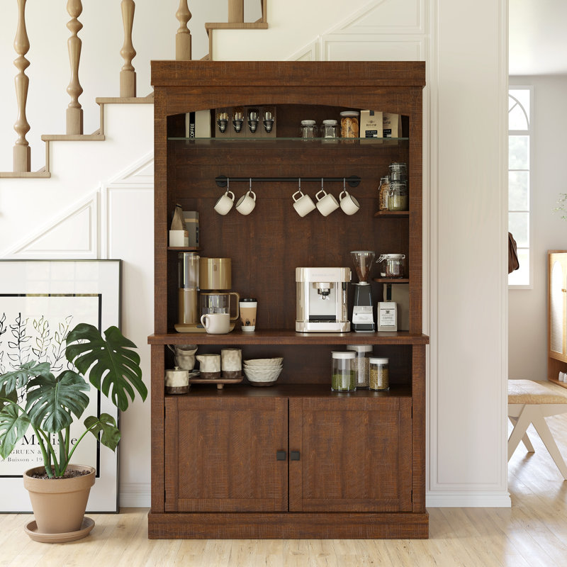 Grande armoire à café avec lumières DEL - Armoire de cuisine de ferme avec rangement, buffet avec support à micro-ondes / support à vin / tablette en verre (brun rouge)