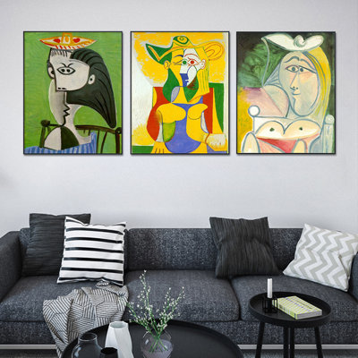 Ensemble de 3 tableaux encadrés sur toile, inspirés de Pablo Picasso (Série Art Mural n° 73), idéal pour la décoration du salon, de la maison ou du bureau (cadre noir fin, 61 x 81 cm par tableau).
