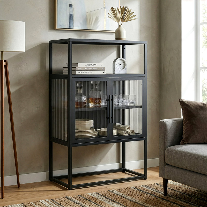 Armoire de rangement en métal à deux portes avec portes cannelées transparentes et dessus de meuble Benvolio 41,34 pouces