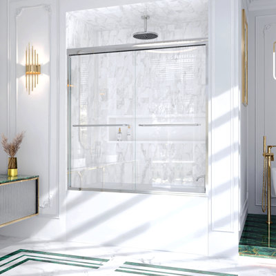56"-60"W*60" H Semi-Frameless Double Sliding Shower Door, Bypass Shower Door, 1/4" (6Mm) Thick SGCC Tempered Glass Door