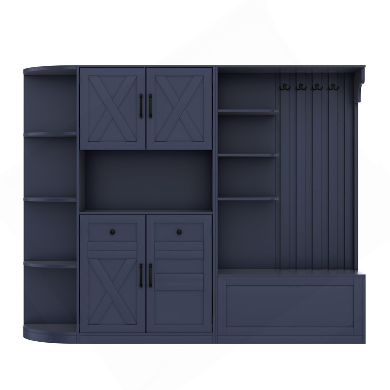 Multifunctional Left-Right Combination Hall Cabinet (Can Be Used Separately) With Storage And 4 Hooks, Storage Cabinet/ Hall Tree 2 In 1 For Living Room, Kitchen And Hallway, Antique Blue
