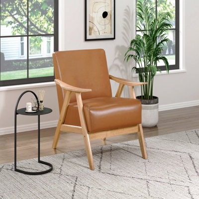 Fauteuil club décoratif, revêtement en similicuir, bois massif brun naturel