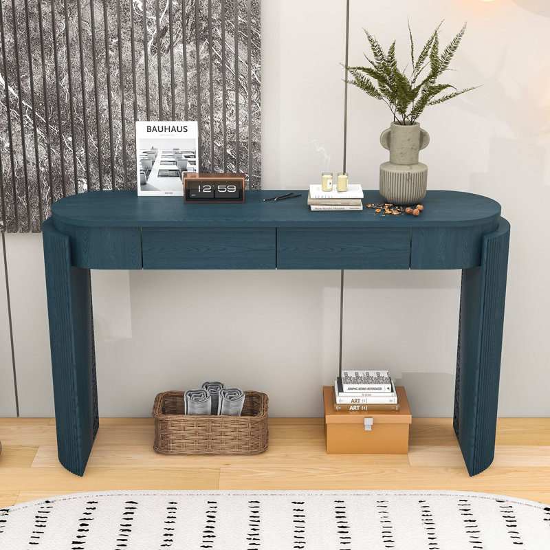 Élégante table d'entrée ovale avec finition grain de bois et rangement, Marine