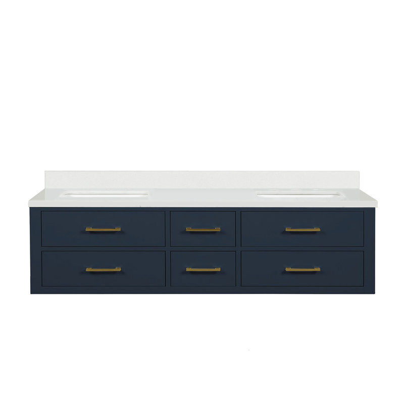 Castor 72" Wall Mounted Double Bathroom Vanity Set, Black, White Cultured Marble
