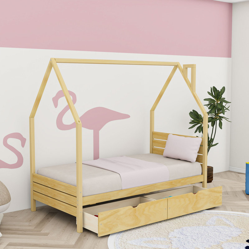 Lit en bois avec tiroirs de rangement, Lit simple, Naturel