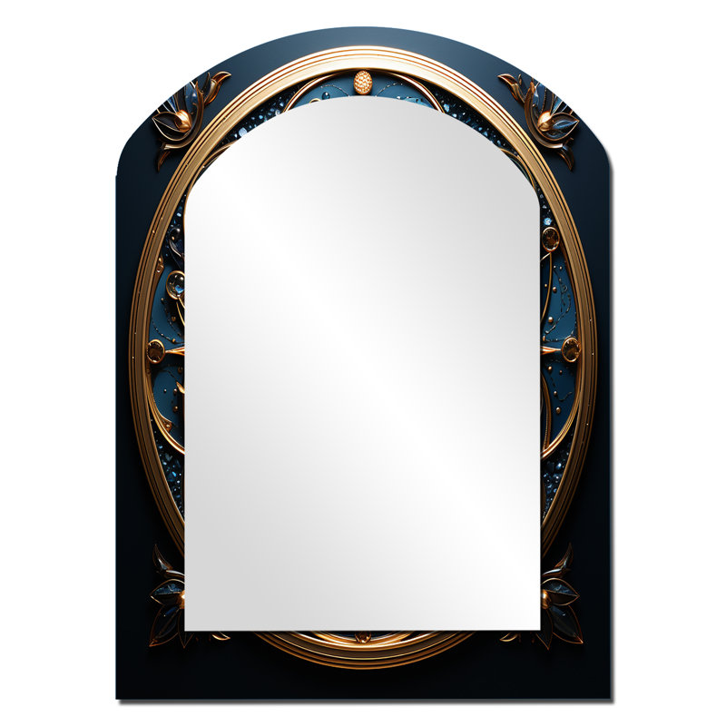 Or antique et fleurs bleu sarcelle sceau antique - grand miroir mural Botanicals Arch, miroir décoratif asymétrique doré, impression d'art en métal