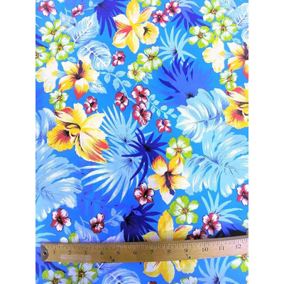 Tissu polycoton à motif floral tropical hawaïen Aqua, vendu au mètre, 147 cm de large, imprimé hibiscus, idéal pour les chemises, robes, loisirs créatifs et décoration.