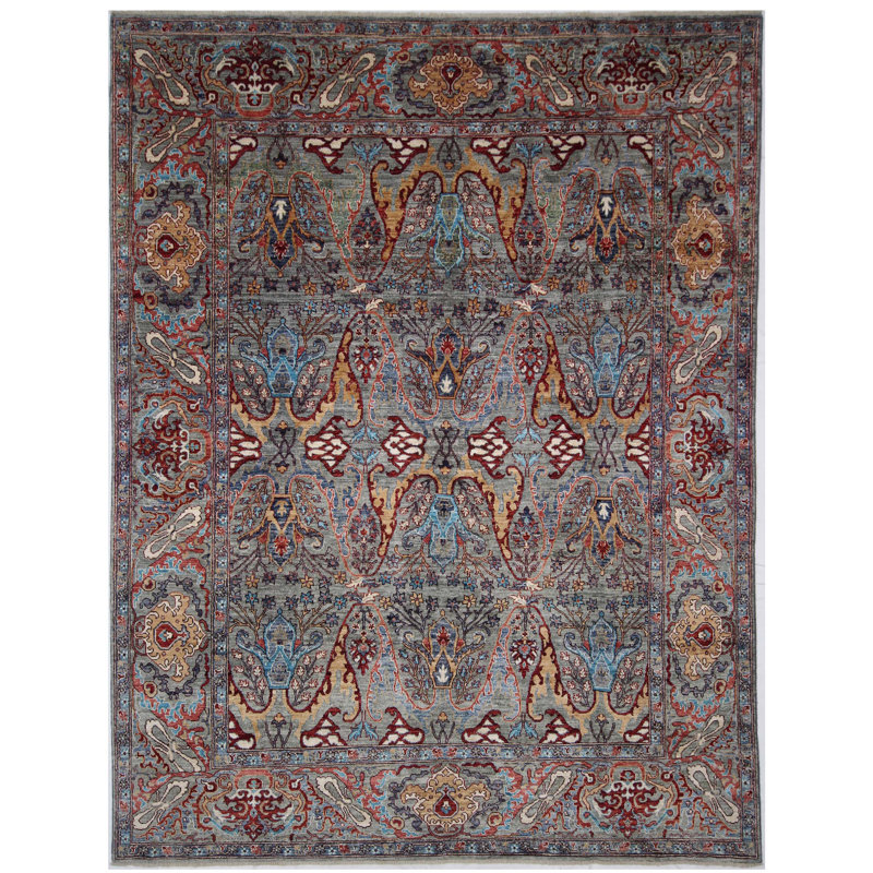 Tapis vert clair et rouge noué à la main de haute qualité