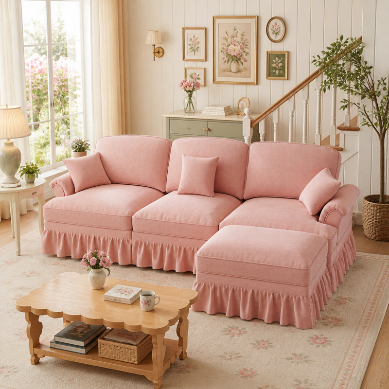 Canapé modulaire en L rose avec repose-pieds et jupes amovibles