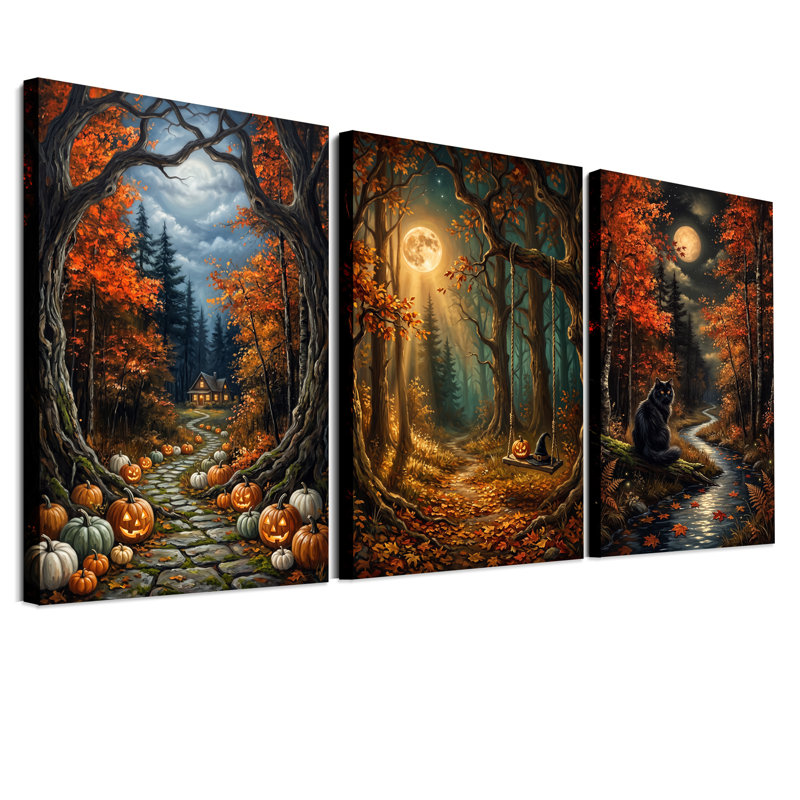 Moonlit Autumn Forest Path avec citrouilles, ensemble de 3 toiles d'Halloween, H 30 po x l 20 po x 3 pièces