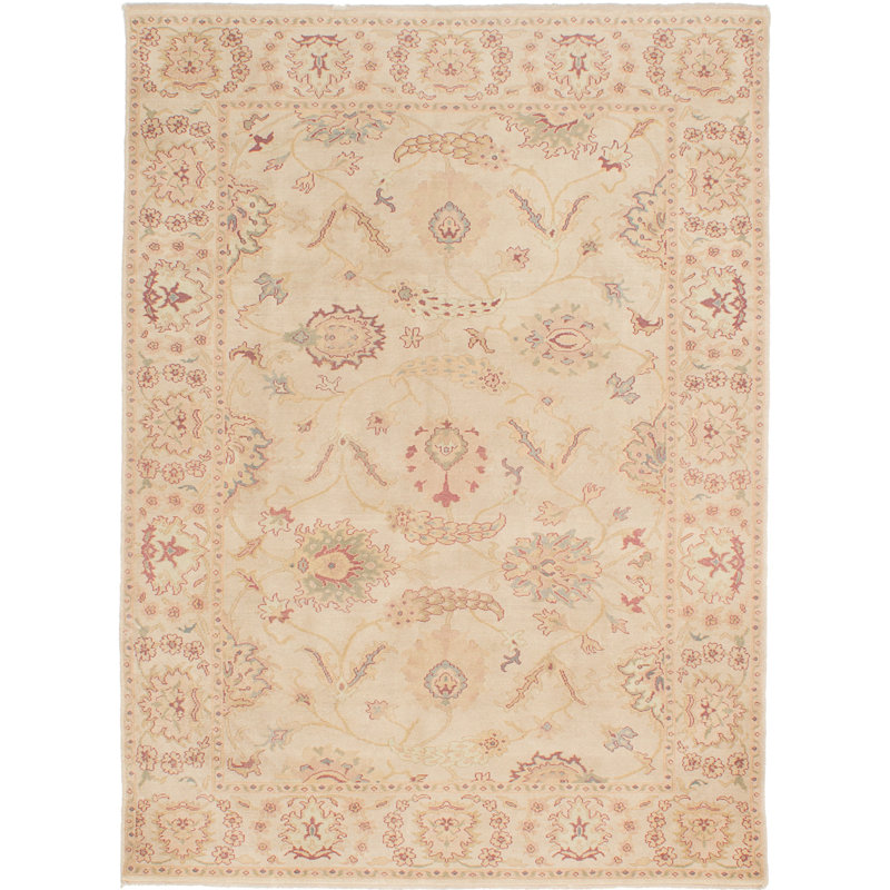 Tapis unique en laine noué à la main 6 pi 2 po x 8 pi 5 po style Oushak beige des années 2010 Joachim