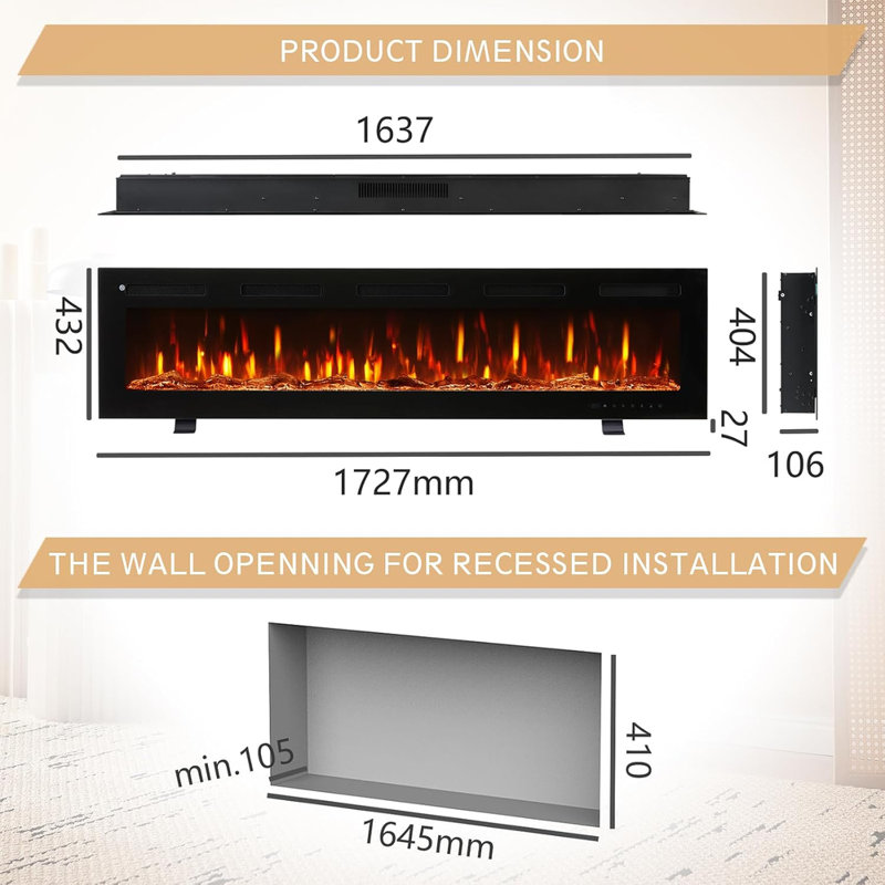 Winslow FLAMEKO Matte Black Fireplace Insert, 43.2cm H x 178cm W x 10.6cm D