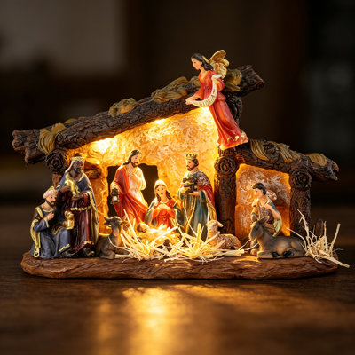 15inL Christmas Nativity Sets Figures Manger Scene with LED Light