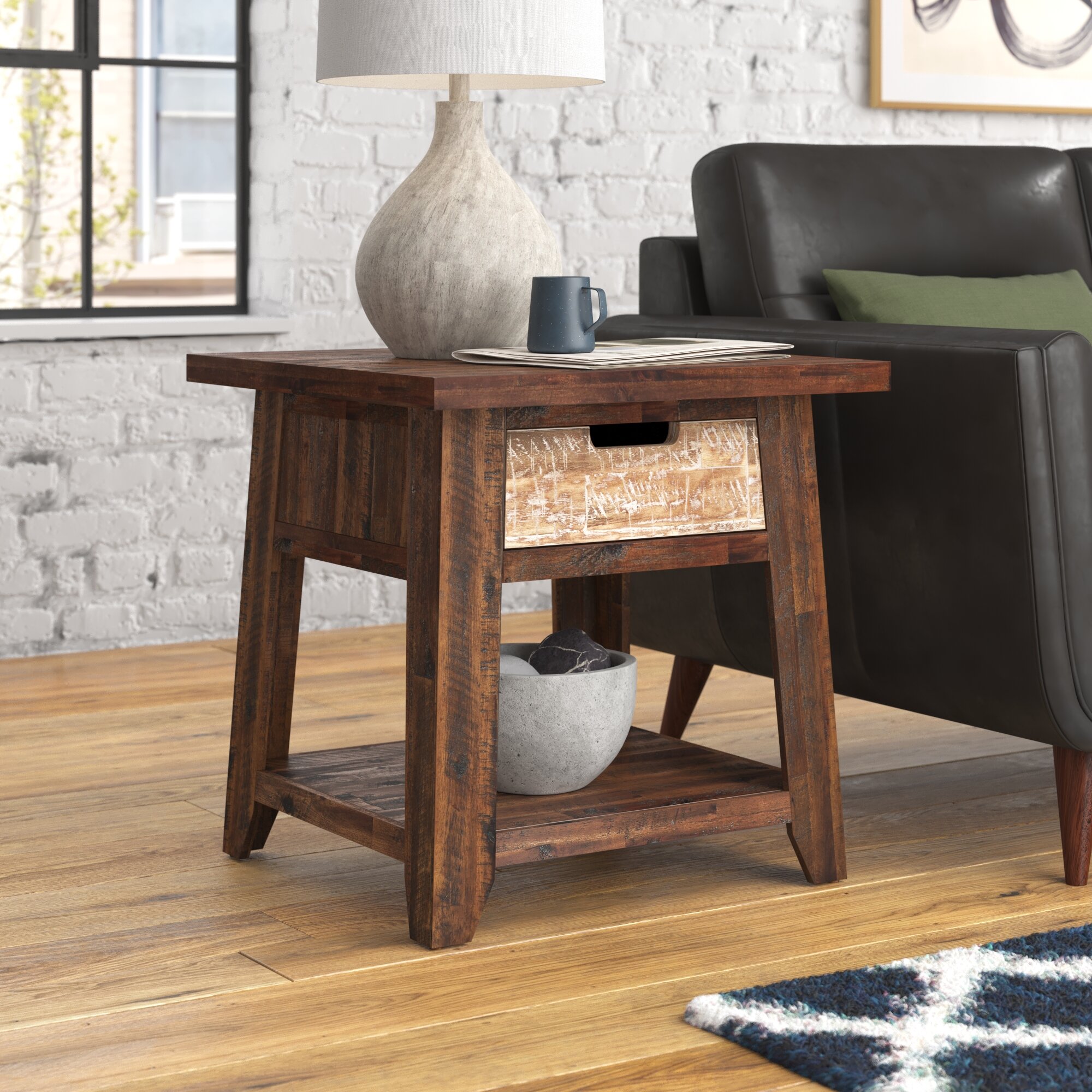 Solid wood end table with outlet storage