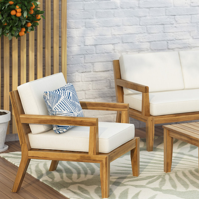  Chaises club d'extérieur avec coussins, structure en bois d'acacia avec finition en teck, coussins beiges