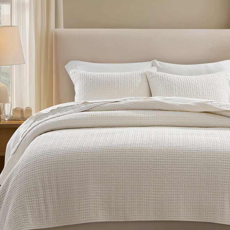 Ensemble de courtepointe 100% coton gaufré Stonewashed, Courtepointe grand + 2 couvre-oreillers standard, Blanc brillant