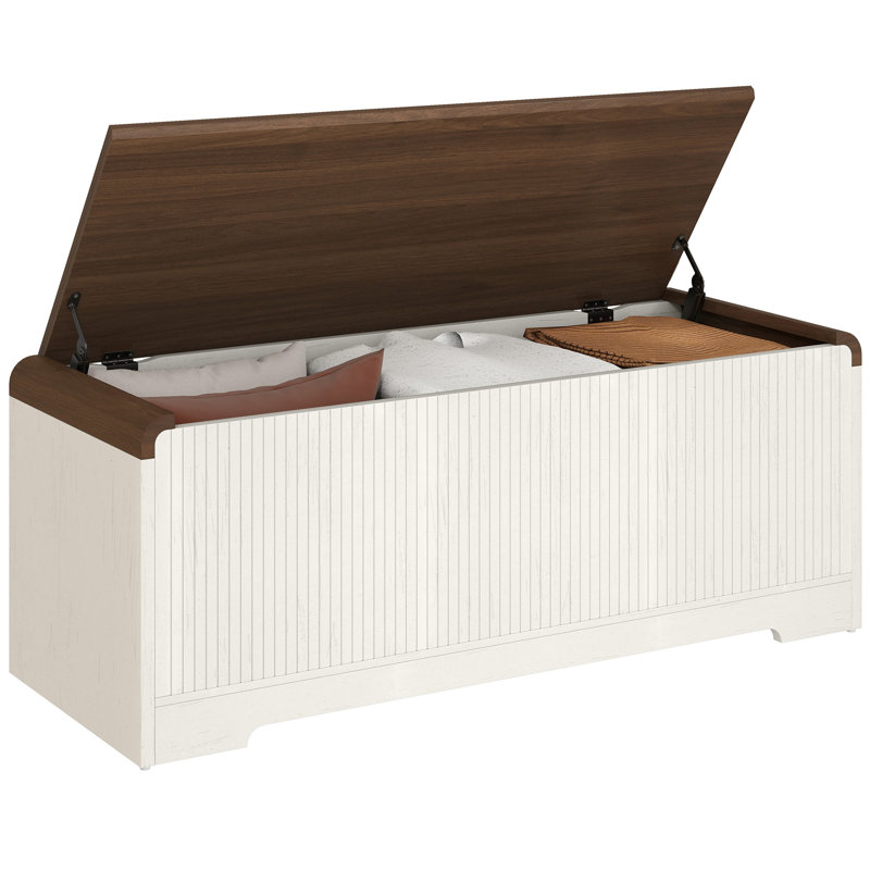 Wood Storage Bench, Blanc / bois et lamelle