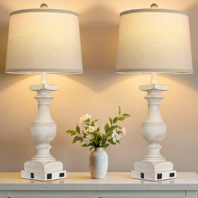 Ensemble de 2 lampes de table 28 "en blanc délavé Farmhouse avec port USB A + C pour la chambre à coucher, ampoules incluses