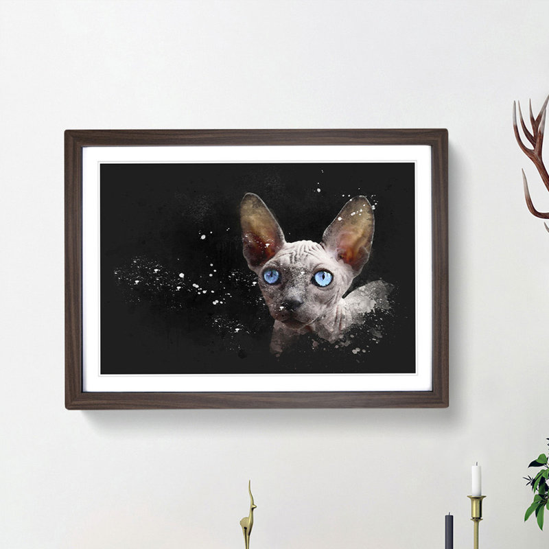 Blue Eyed Sphynx Cat - Single Picture Frame Painting on MDF, 45cm H x 63cm W x 2cm D, Walnut Framed