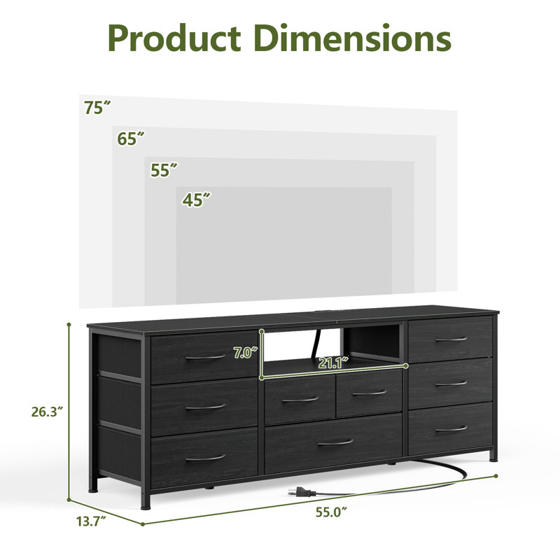 9-Drawer Fabric Dresser with Wood Top, Storage Chest, Black Oak, 26.3'' H x 55'' W x 13.7'' D