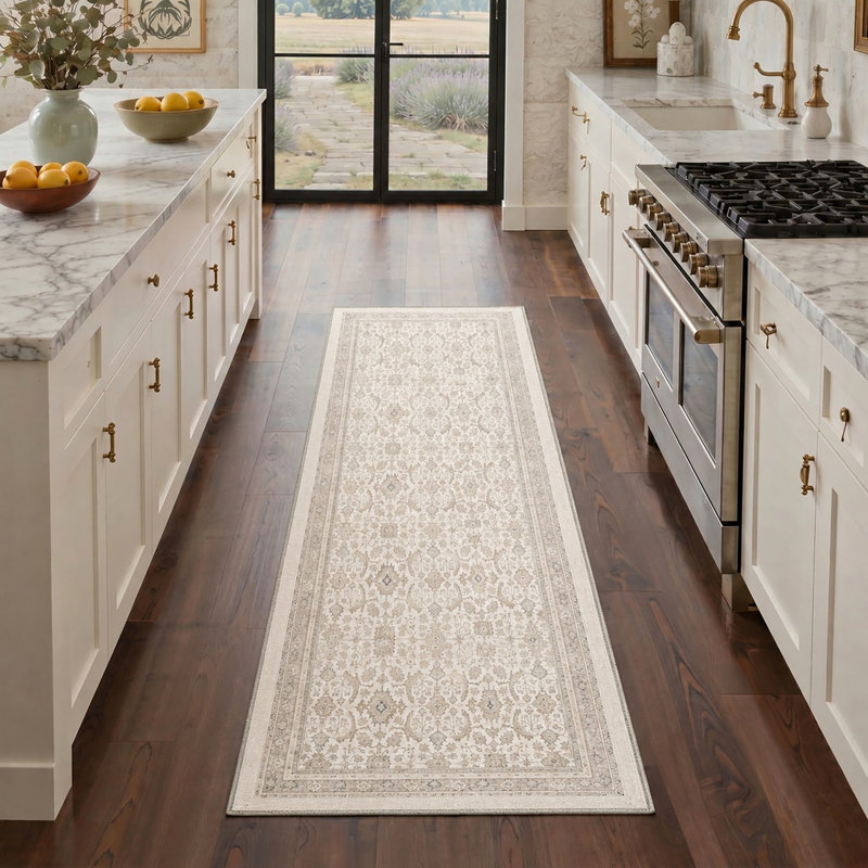 Tapis beige lavable à la machine Abastos, Beige/Grey, Tapis de couloir de 2 pi x 7 pi