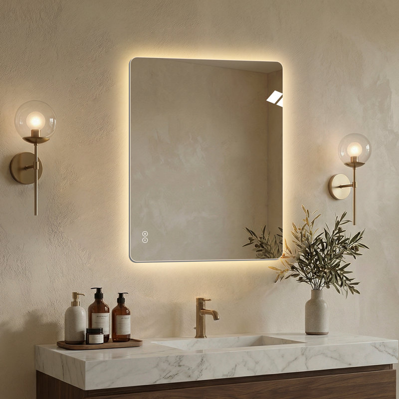 Miroir de salle de bain rectangulaire rétro-éclairé à DEL de 36 po x 28 po avec antibrouillard, 3 lumières à intensité variable et commande tactile
