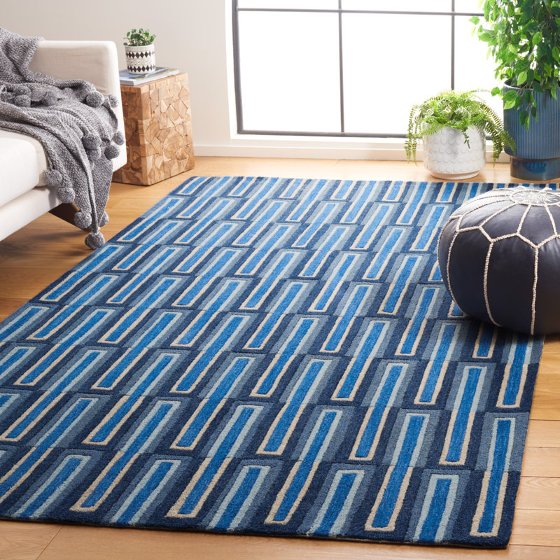 Kabena Hand Tufted Wool/Cotton Geometric Rug in Ivory/Blue, Rectangle 4' x 6'