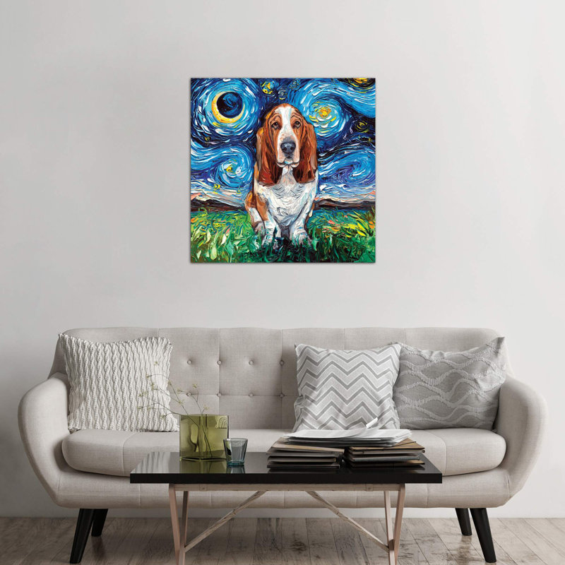 Basset Hound Night by Aja Trier - Painting on Canvas, 30.48 cm H x 30.48 cm W, No Frame