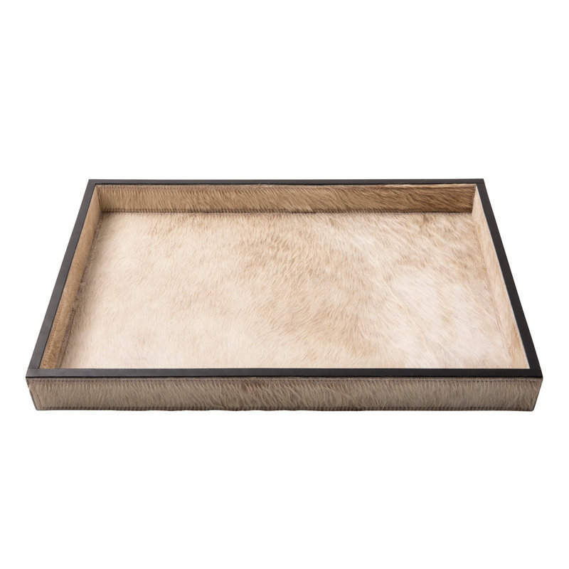 Cream Cow Hide Rectangle Tray With Black Leather Trim - Large,  2.5" H x 23.5" W x 15.75" D
