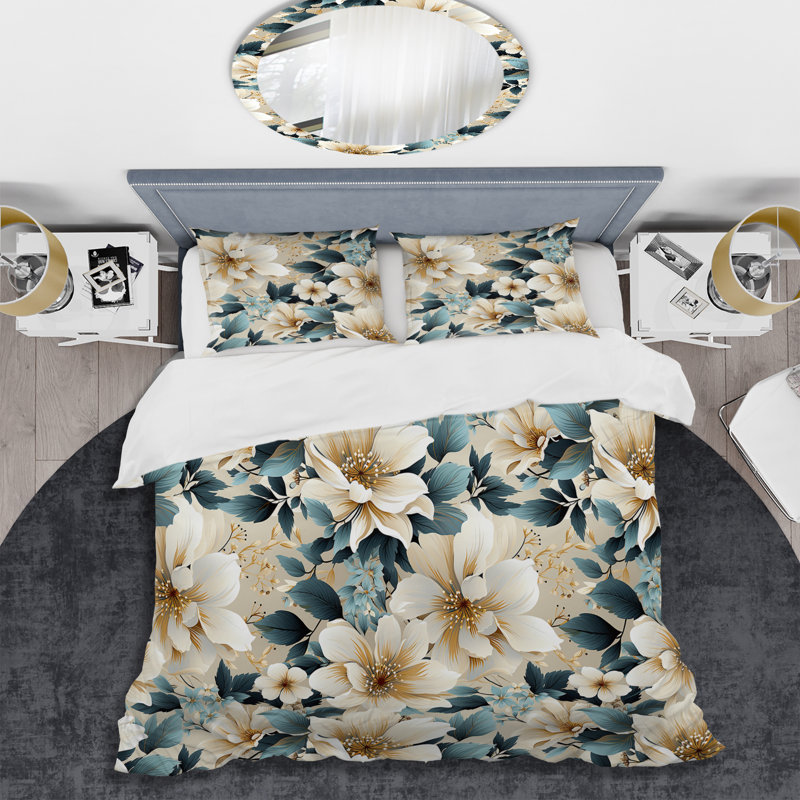 Ensemble de housse de couette Sandy Beige et bleu Hydrangea Tranquility II - Floral