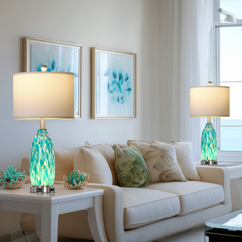 26" Coastal Glass USB Table Lamps with Touch Control & Night Light, Blue