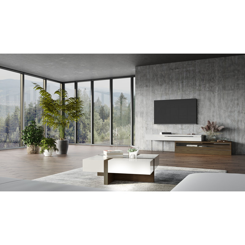 White and Walnut Square Wood Coffee Table with Storage