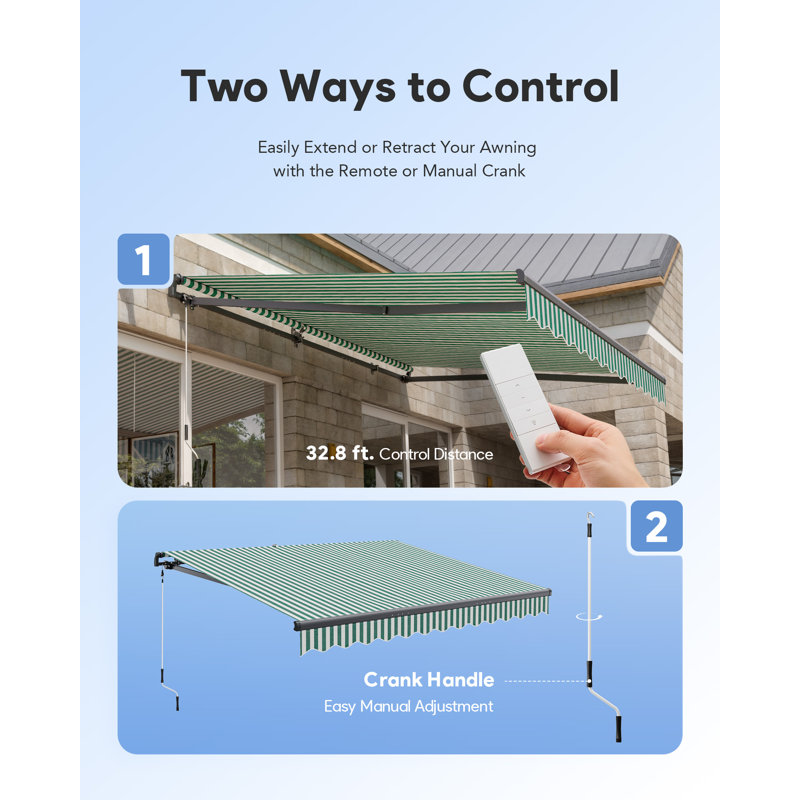 Motorized Retractable Awning with Wind/Sun Sensor, Remote Control and LED Light, Green, 1" H x 168" W x 120" D, Striped